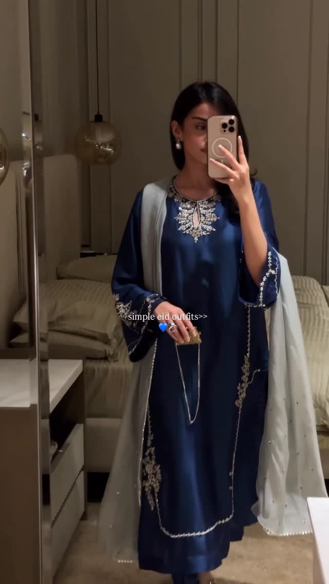 Midnight blue 3-piece South Asian outfit model wearing with dupatta - AYVO UK