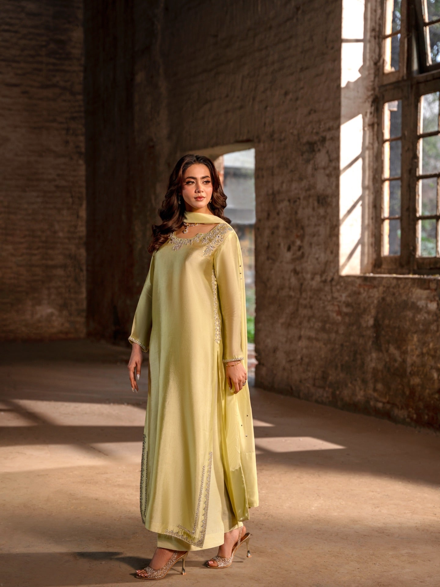 Lemon yellow 3-piece South Asian outfit with pearl work and straight cut trousers - AYVO UK