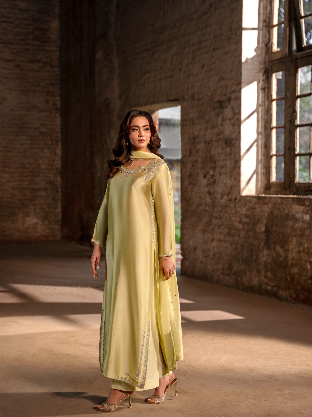 Lemon yellow Tussel Silk suit close-up showing handmade kora and goti embellishment - AYVO UK