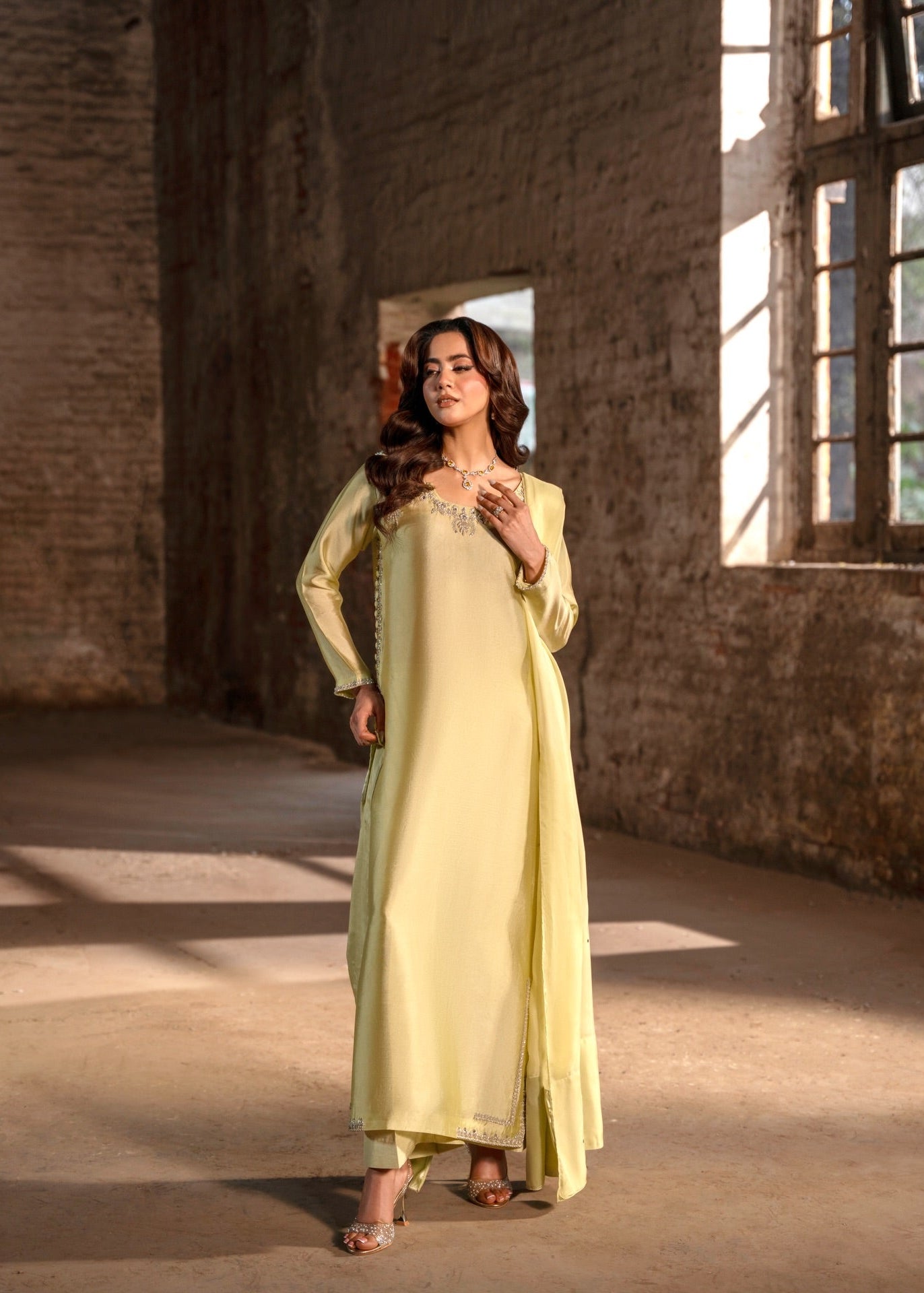 Lemon yellow handmade Tussel Silk 3-piece Pakistani suit with dabka embroidery - AYVO UK
