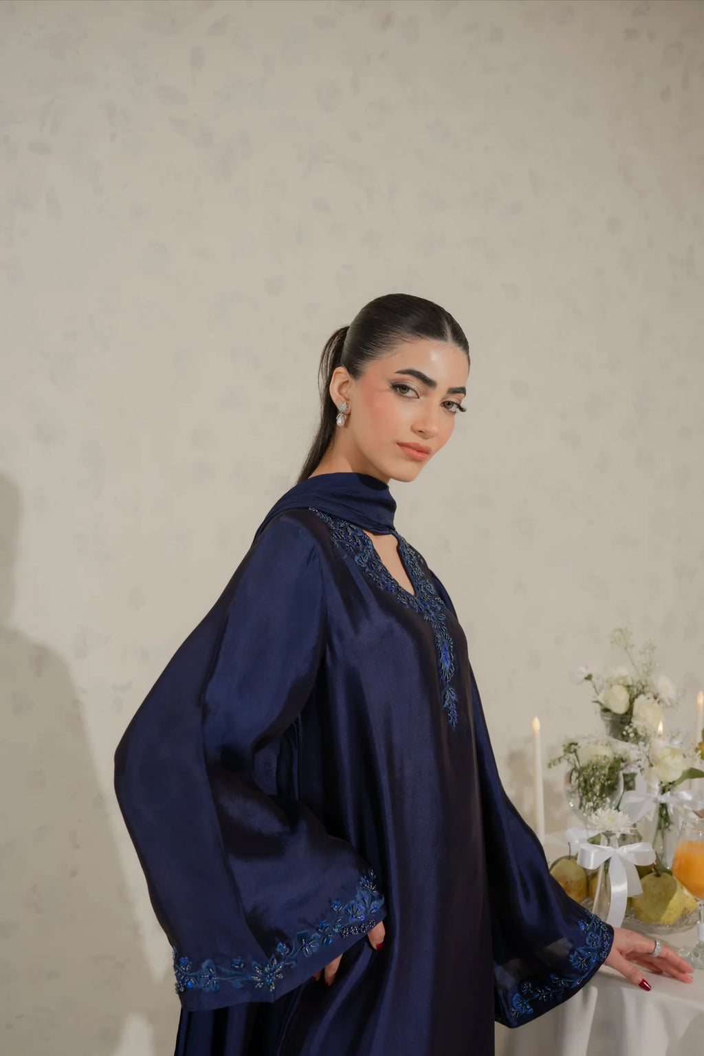 Navy blue Pakistani 3-piece suit close-up neckline dabka embroidery - AYVO UK