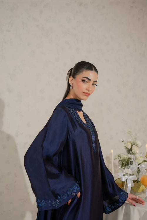 Navy blue Pakistani 3-piece suit close-up neckline dabka embroidery - AYVO UK