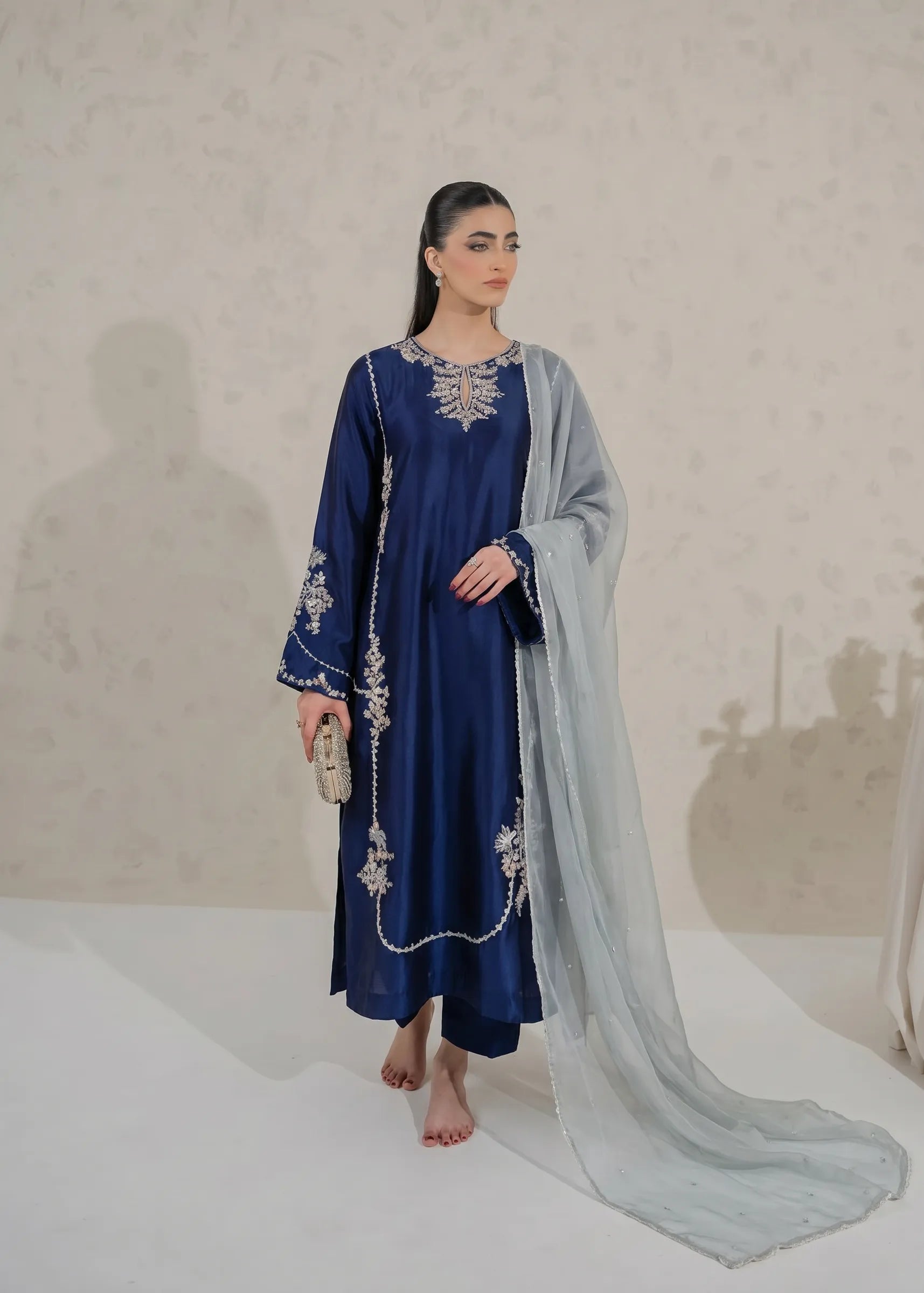 Midnight Blue Tussel Silk 3-Piece Suit | Heavy Handmade Embroidered Pakistani Outfit UK