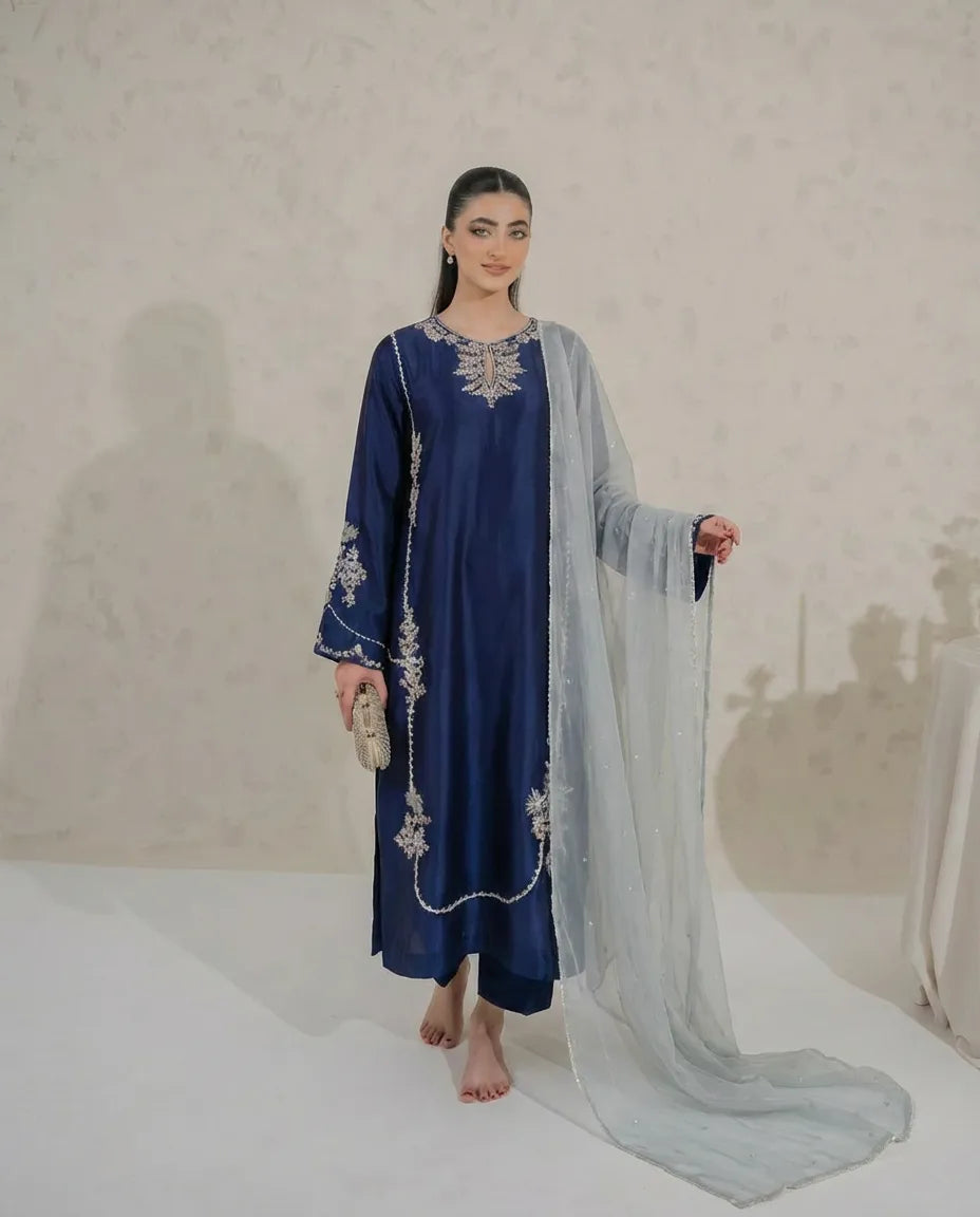 Midnight Blue Tussel Silk 3-Piece Suit | Heavy Handmade Embroidered Pakistani Outfit UK
