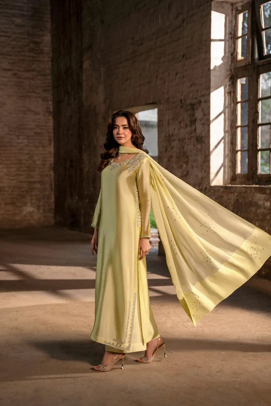 Lemon yellow 3-piece stitched suit neckline embroidery detail - AYVO UK