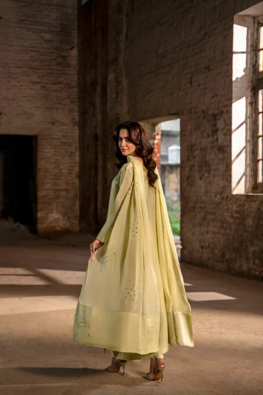 Lemon yellow Pakistani 3-piece suit side view with dupatta drape - AYVO UK