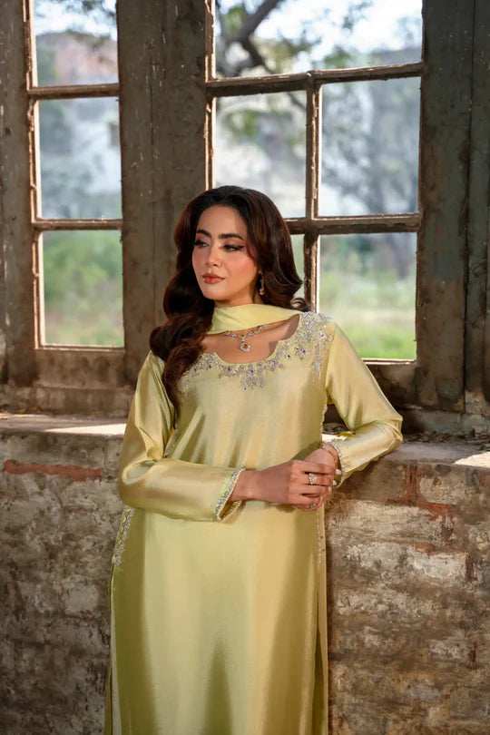 Lemon yellow handmade embroidered suit unstitched fabric close-up - AYVO UK