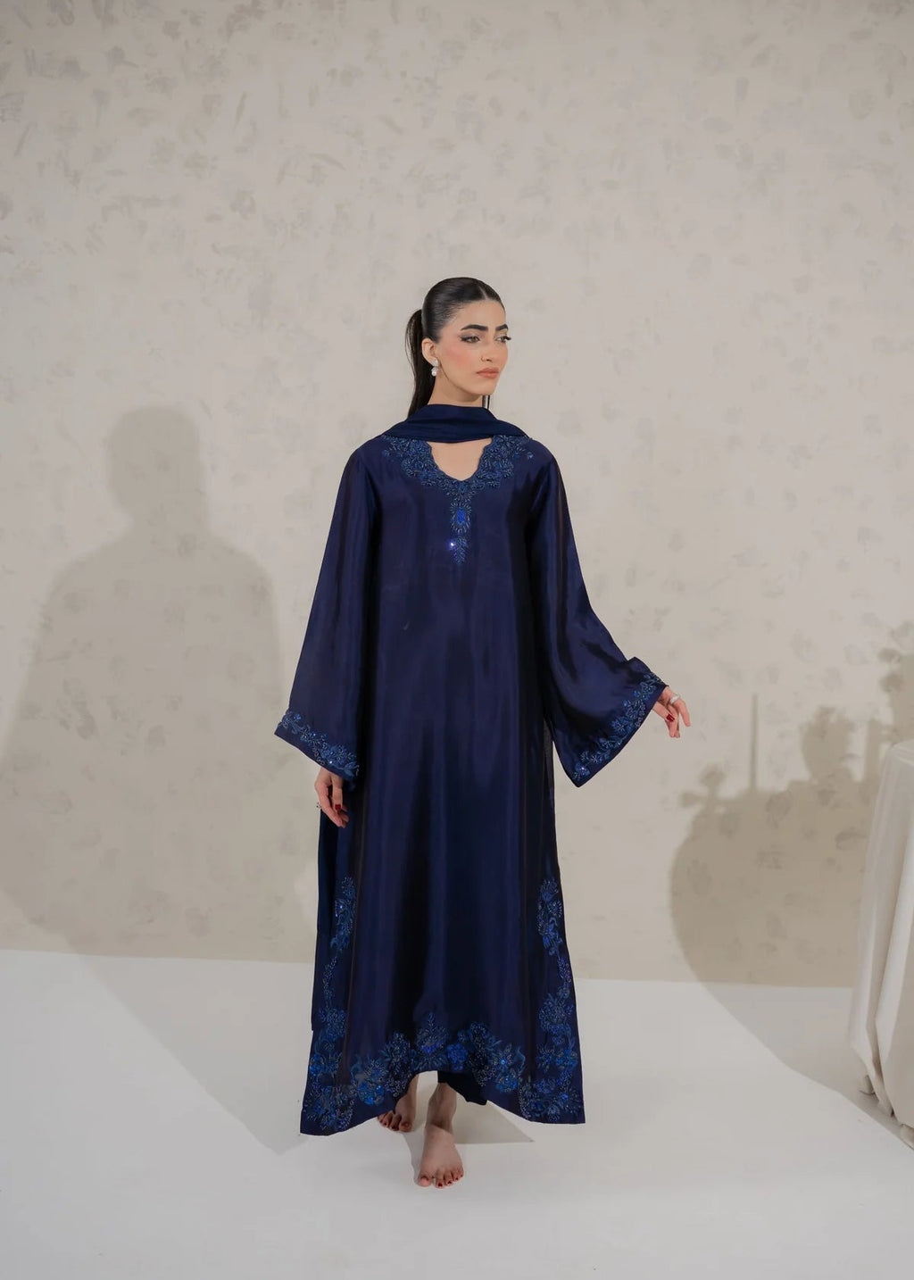 Navy blue Tussel Silk 3-piece Pakistani suit with heavy handmade embroidery - AYVO UK