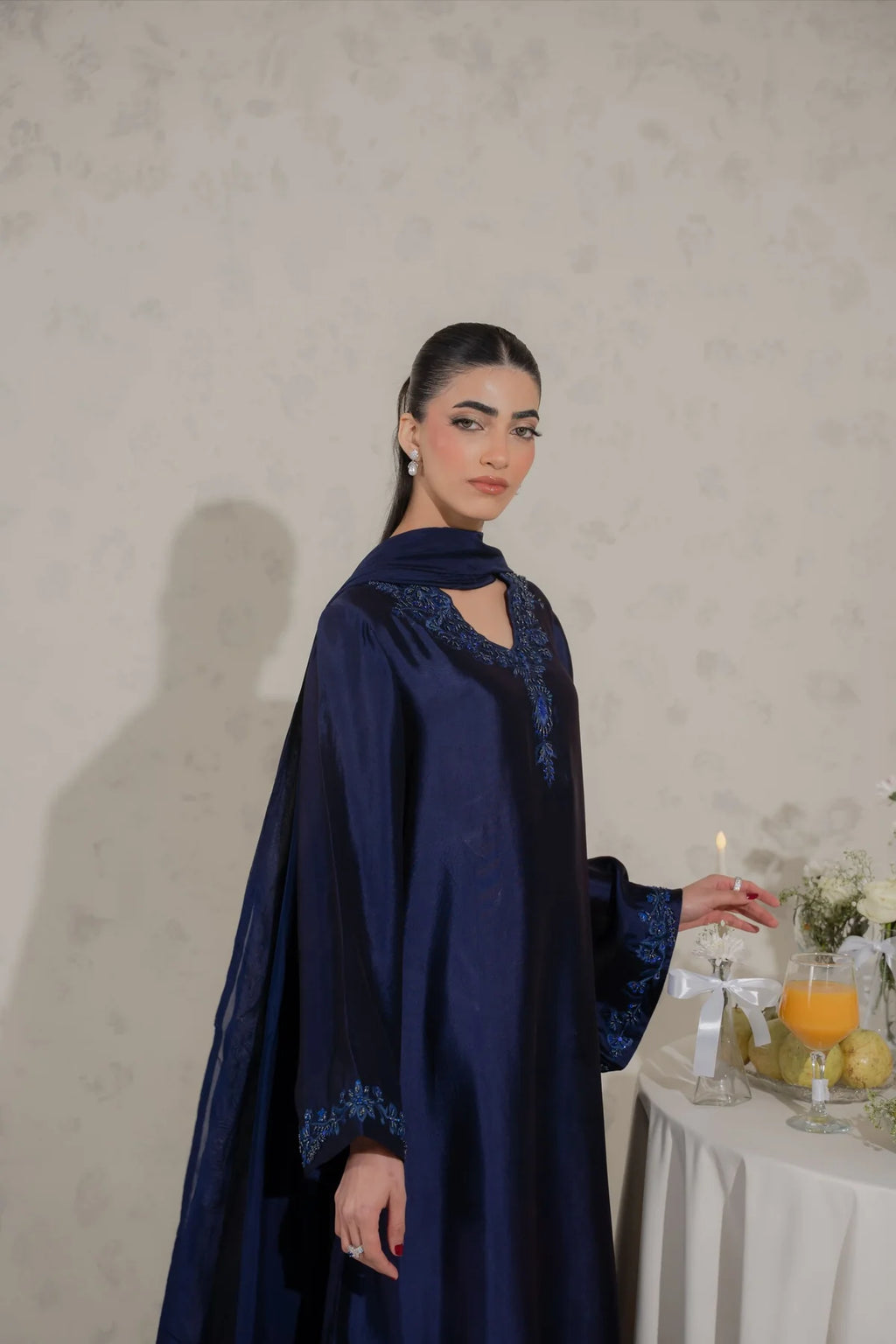 Navy blue handmade embroidered Pakistani suit sleeve detail with kora work - AYVO UK