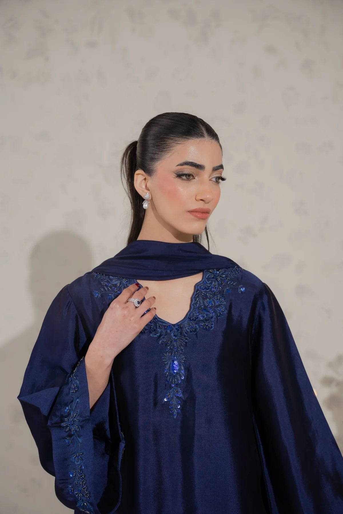 Navy blue 3-piece South Asian outfit full length with trousers - AYVO UK