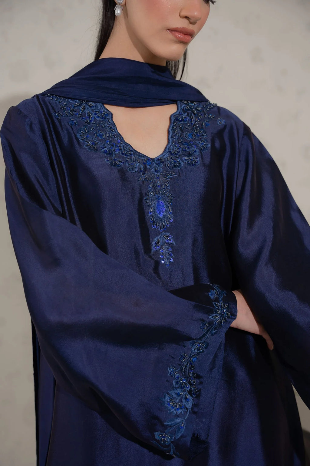 Navy blue Tussel Silk Pakistani women's suit embroidery chest panel detail - AYVO UK