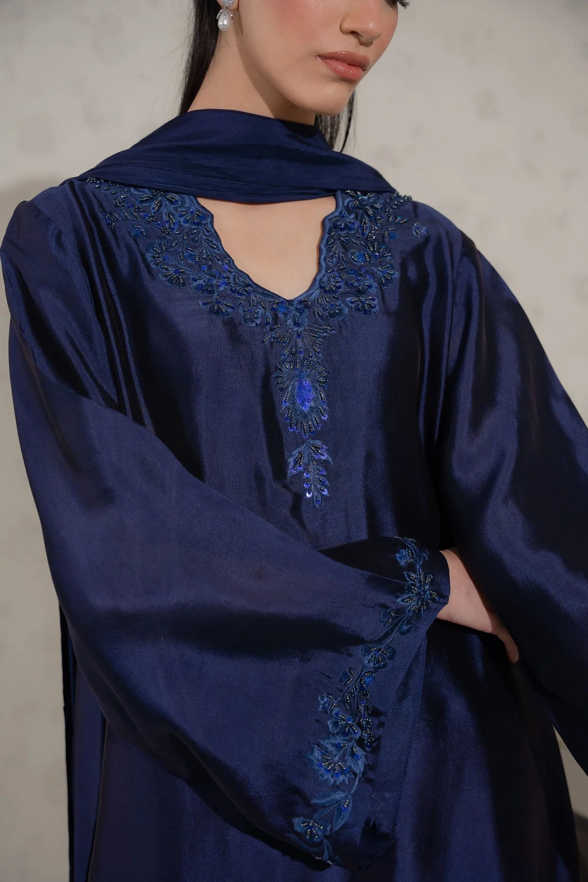 Navy blue Tussel Silk Pakistani women's suit embroidery chest panel detail - AYVO UK