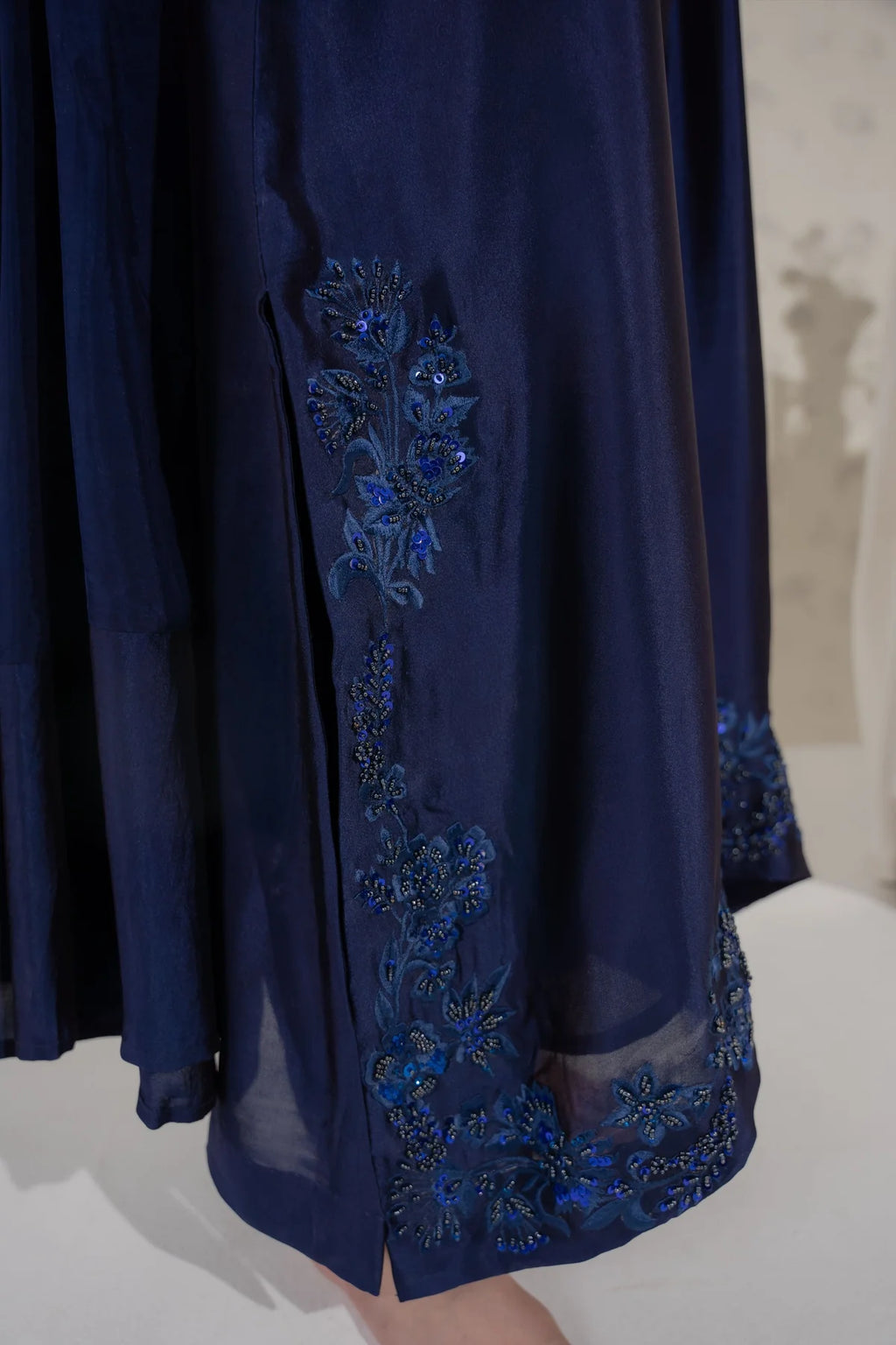 Navy blue 3-piece stitched suit model wearing with dupatta draped - AYVO UK