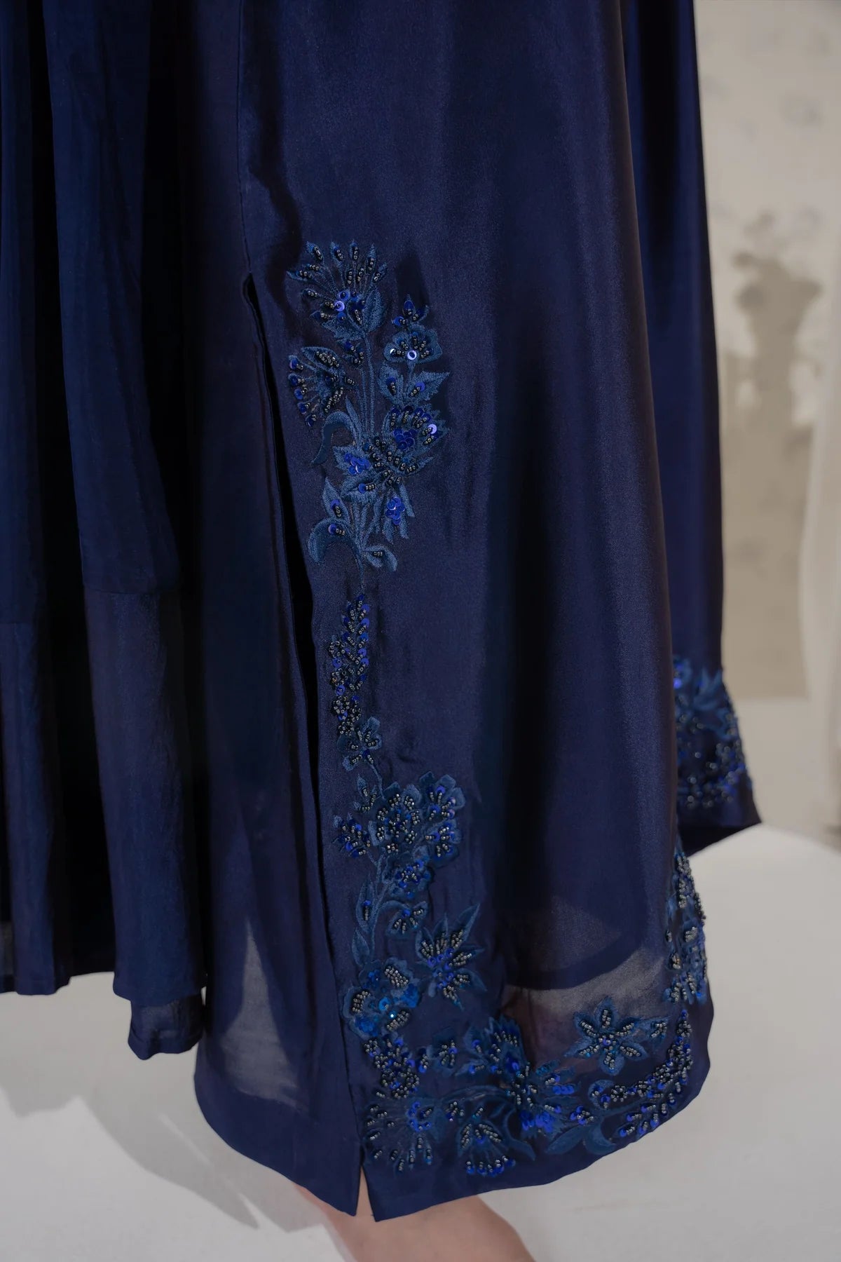 Navy blue 3-piece stitched suit model wearing with dupatta draped - AYVO UK