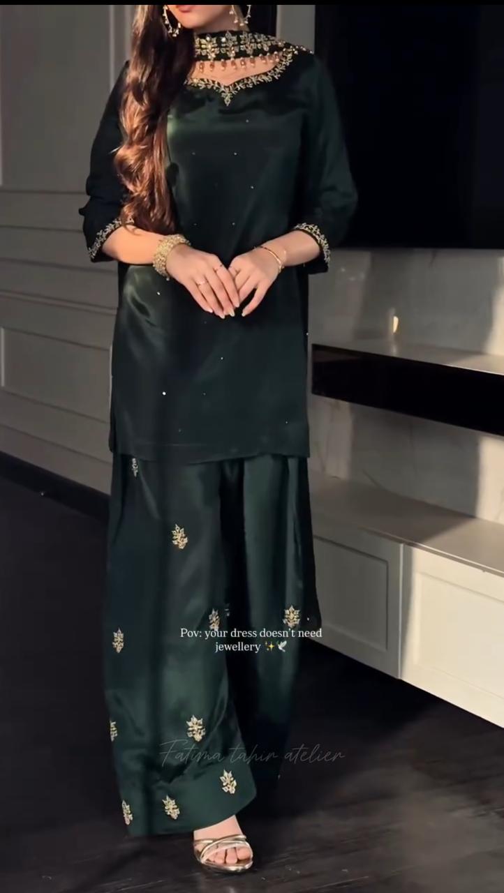 Emerald green Tussel Silk dupatta with gold embellished border - AYVO UK