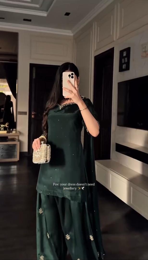 Emerald green Pakistani women's suit cuff embroidery sleeve detail - AYVO UK