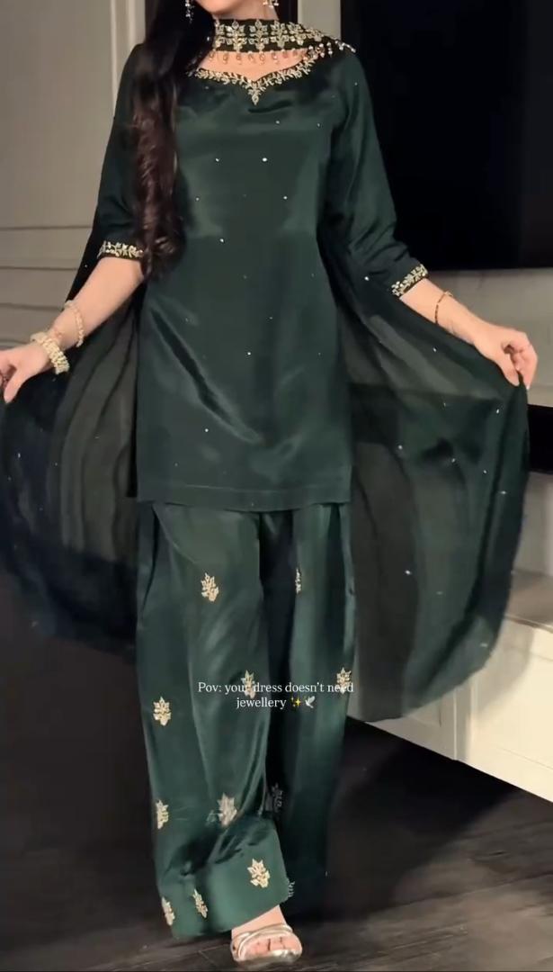 Emerald green 3-piece stitched Farshi Shalwar set model wearing - AYVO South Asian fashion UK