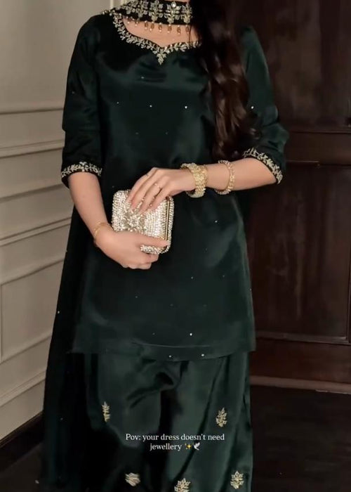 Emerald green Tussel Silk 3-piece Farshi Shalwar set with handmade embroidery - AYVO UK
