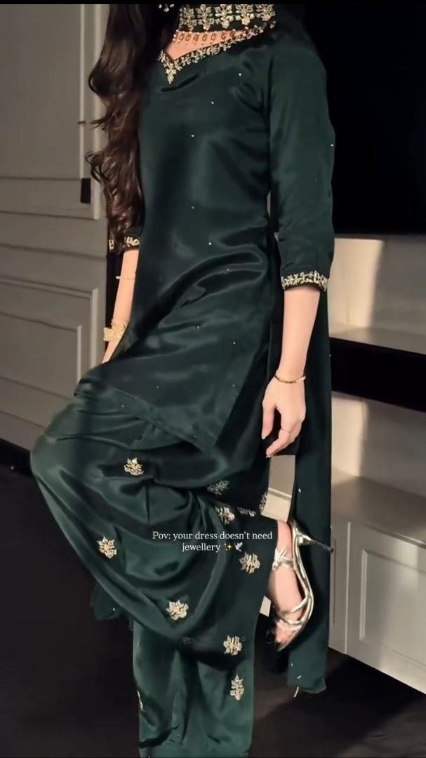 Emerald green Pakistani suit neckline with gold dabka and goti embroidery - AYVO UK