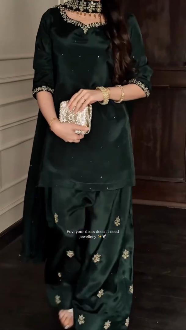 Emerald green Farshi Shalwar full length view with wide-leg silhouette - AYVO UK