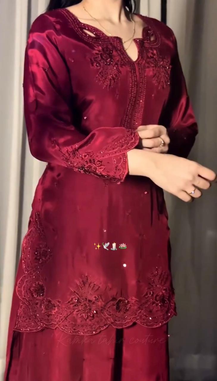 Red maroon handmade embroidered Pakistani suit for weddings and Eid - AYVO UK