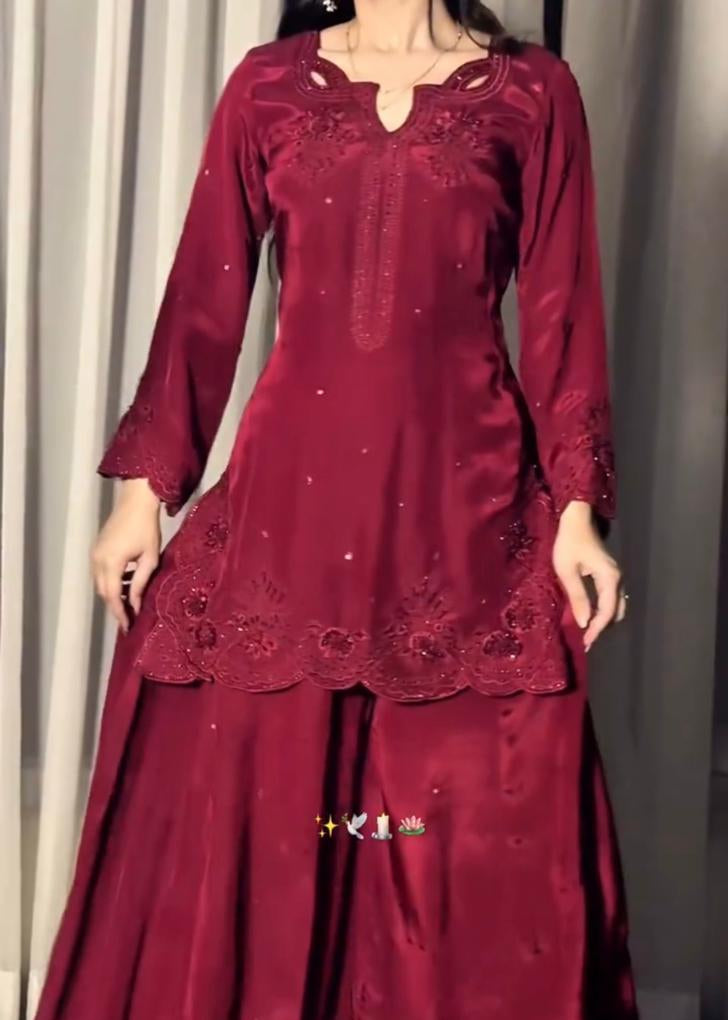Red maroon Tussel Silk 3-piece Sharara set with heavy handmade embroidery - AYVO UK