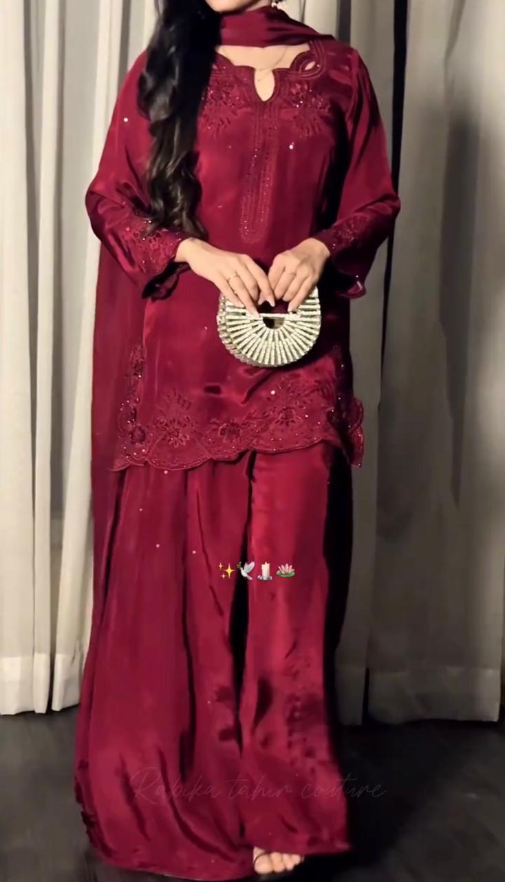 Red maroon Pakistani wedding suit close-up dabka and pearl embroidery neckline - AYVO UK