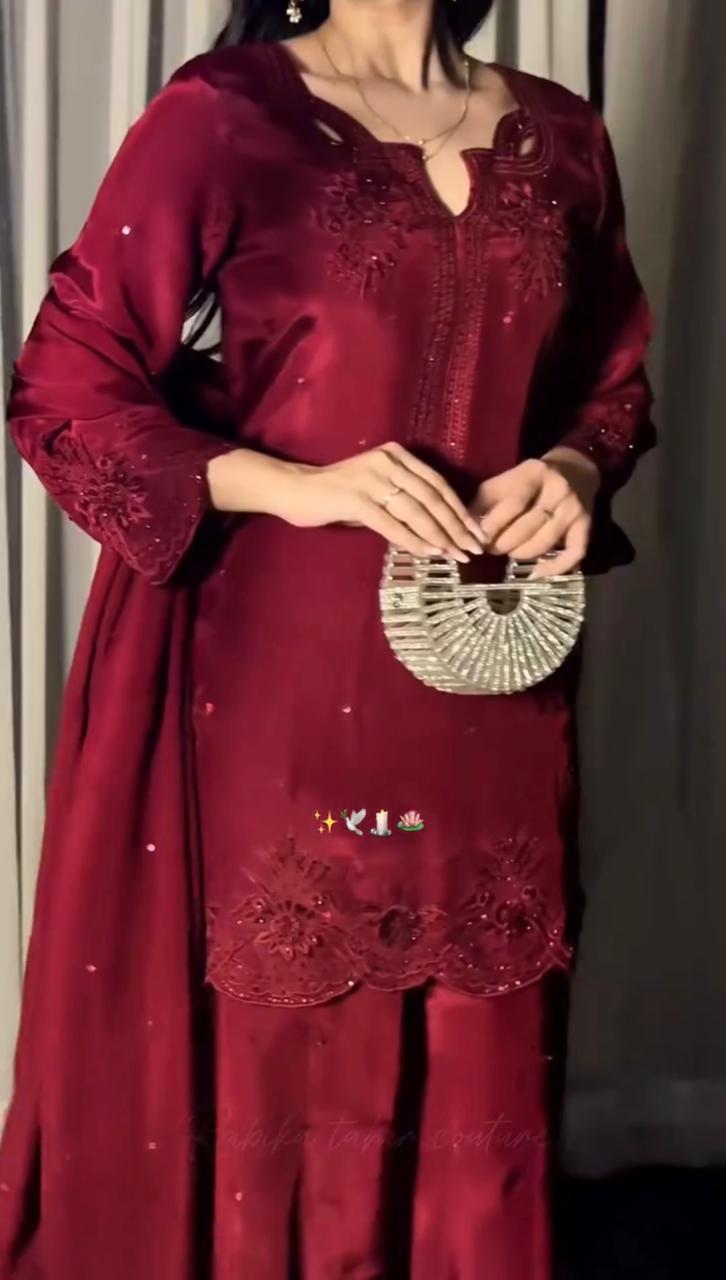 Red maroon Sharara set full length with wide-leg silhouette - AYVO South Asian fashion UK