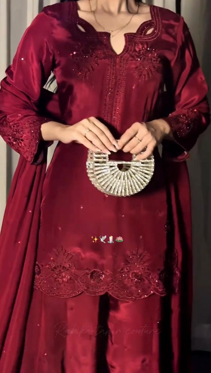 Red maroon 3-piece Pakistani suit sleeve with kora and goti embroidery detail - AYVO UK