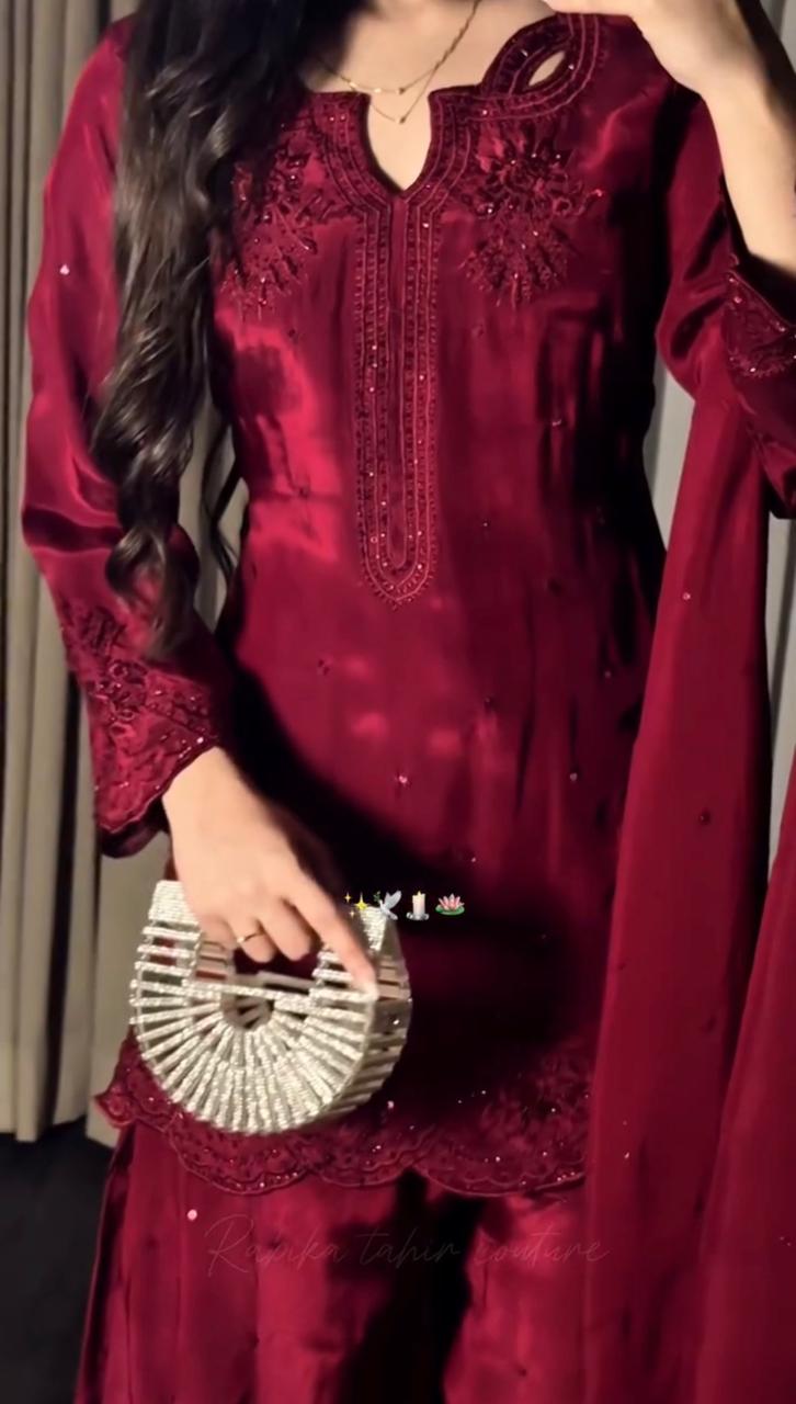 Red maroon Tussel Silk dupatta with gold zari embroidered border - AYVO UK