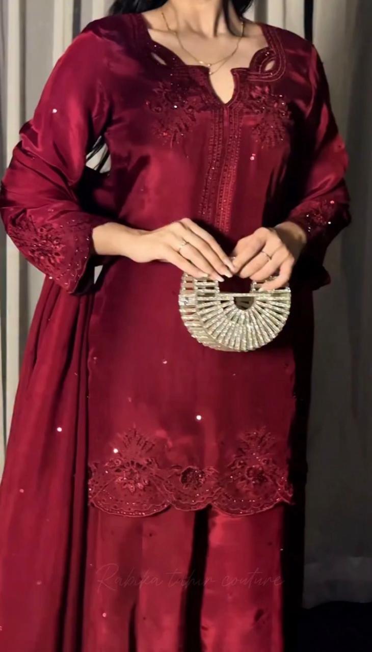 Red maroon Pakistani Sharara suit embroidered bootis on trouser panels - AYVO UK